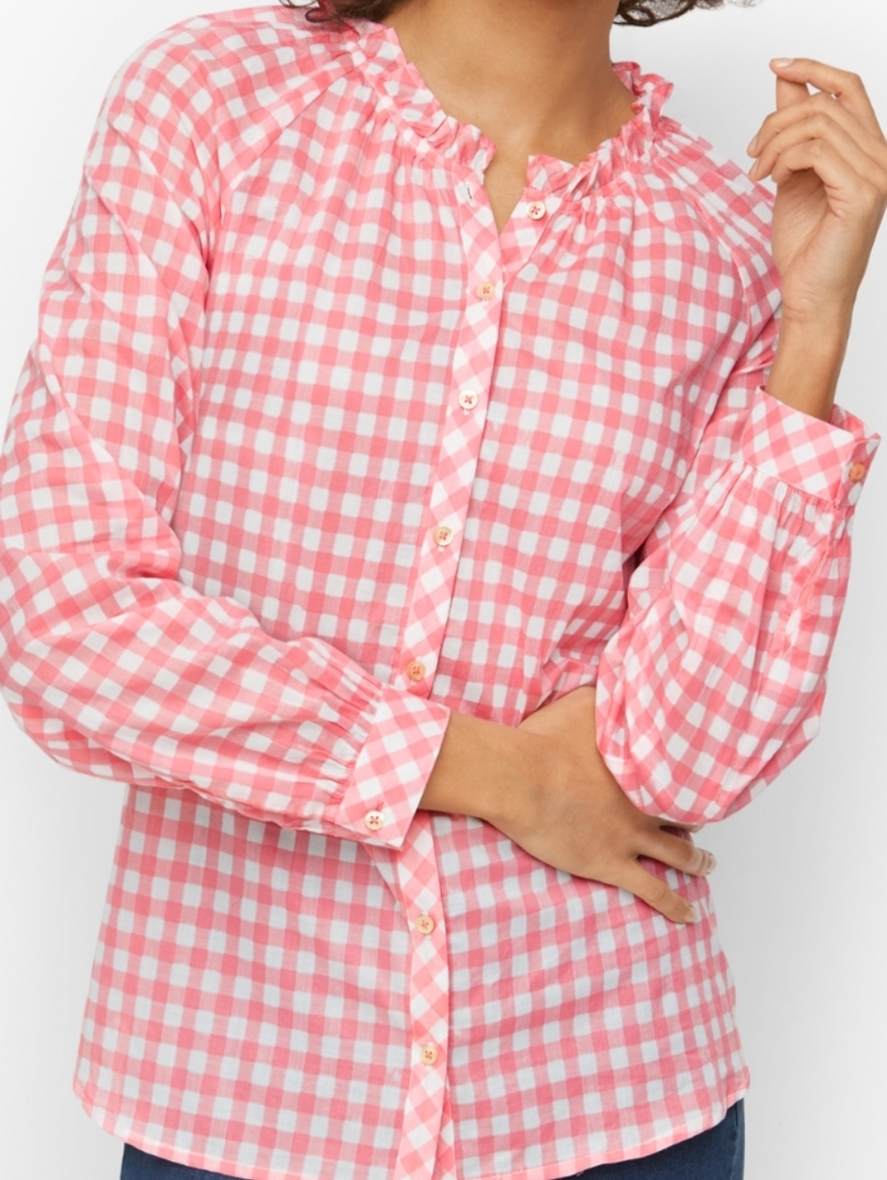 Talbots L Pink & White Gingham Ruffle-Neck Button-Down Blouse
